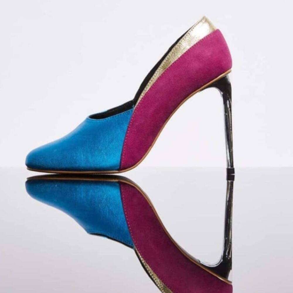 BEAUTISOLES BARDOT PINK & BLUE METALLIC STILETTO PUMP WITH GOLD ACCENT SIZE 6.5
